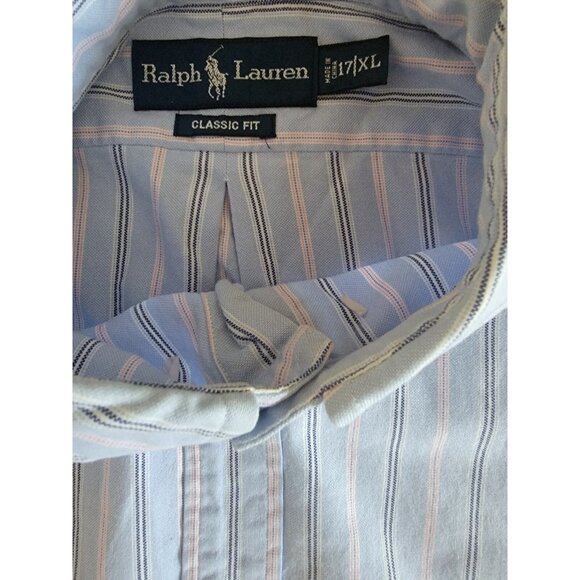 Polo Ralph Lauren Button Down 17 34/35 XL Long Sleeve Blue Pink White Stripe - Picture 7 of 8